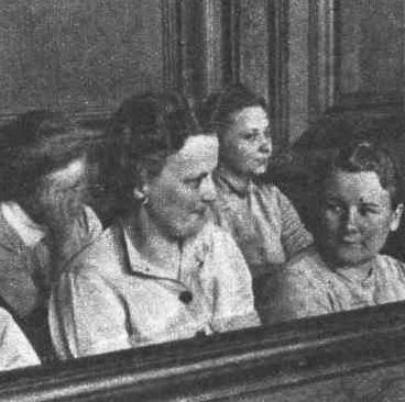 Nazi women prison guards wikimedia Stutthof_female_SS_guards_trial cropped