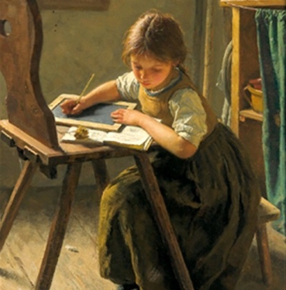 Girl slate chair the homework Simon_Glücklich_die Hausaufgabe_1893_wikimedia 2020 cropped