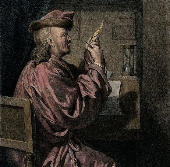 Quill hand man 2021 wikimedia A_man_sits_at_a_desk_with_a_knife_and_a_feather_quill_in_his_Wellcome_V0039432 cropped